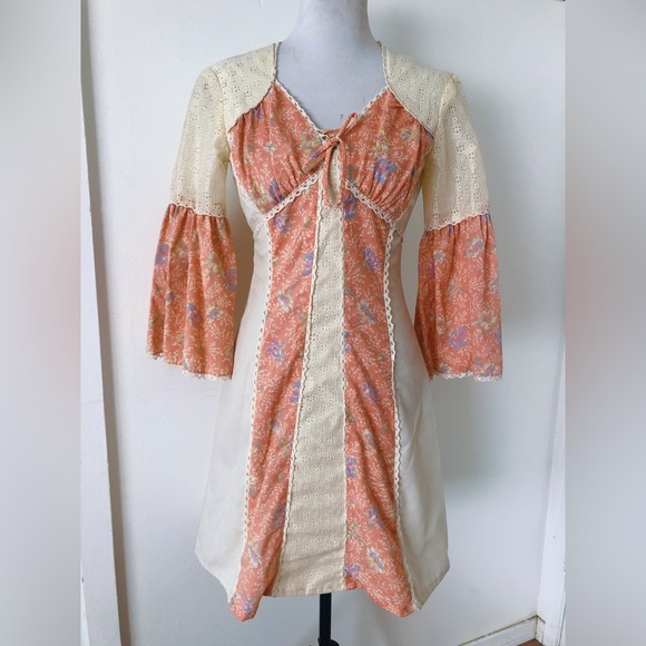 Vintage 60s 70s Prairie Mini Dress / Renaissance Revival Bell Sleeve Mini Dress - Picture 1 of 12